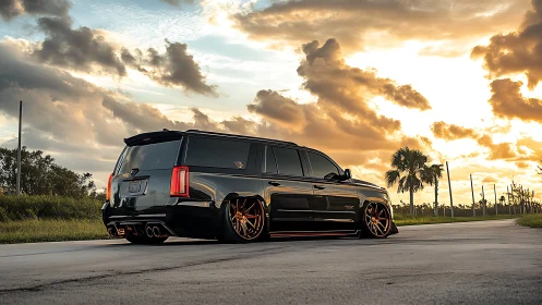 Lowered black luxury SUV with bronze wheels at dramatic sunset