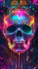 Neon skull floats in symmetrical, glowing abstract space