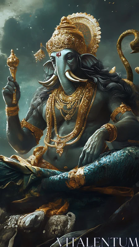 Stormlit elephant deity in ocean throne of gilded calm.