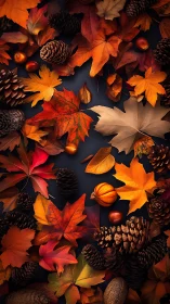 Overhead view shows autumn leaves, pinecones, nuts and gourds