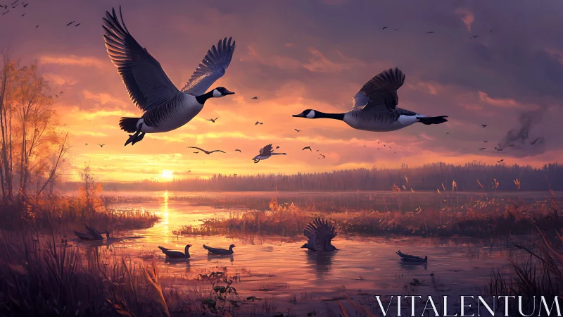 Migrating geese fly over reflective lake at vivid sunset