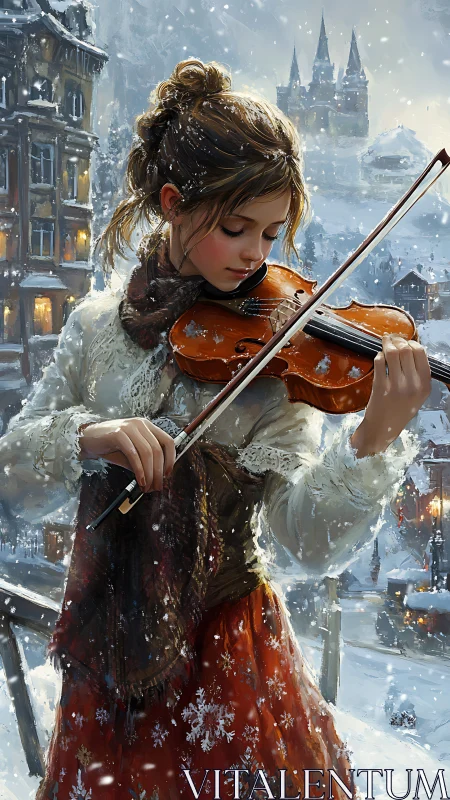 Young violinist performing in snowy European winter street