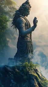 Mountain-top Shiva colossus crowned in mist and sunrise hush.