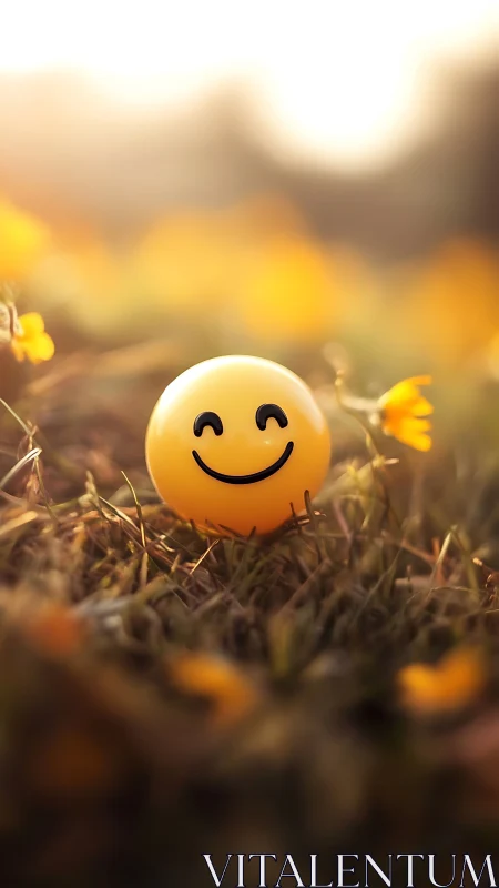 Photorealistic smiley sphere in shallow-focus meadow light.