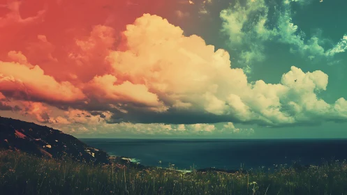 Color-shifted coastal landscape with clouds over horizon.