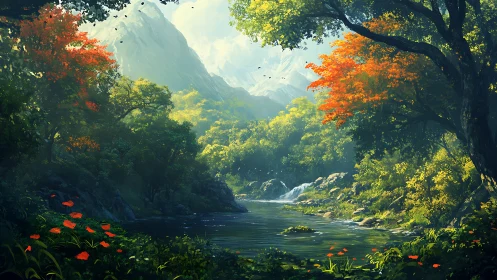 Mountain forest river under soft daylight with autumn trees.