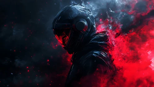 Solitary space warrior emerges from swirling red nebula.