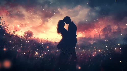 Silhouetted couple embracing in luminescent field with bokeh particles and dramatic sky.