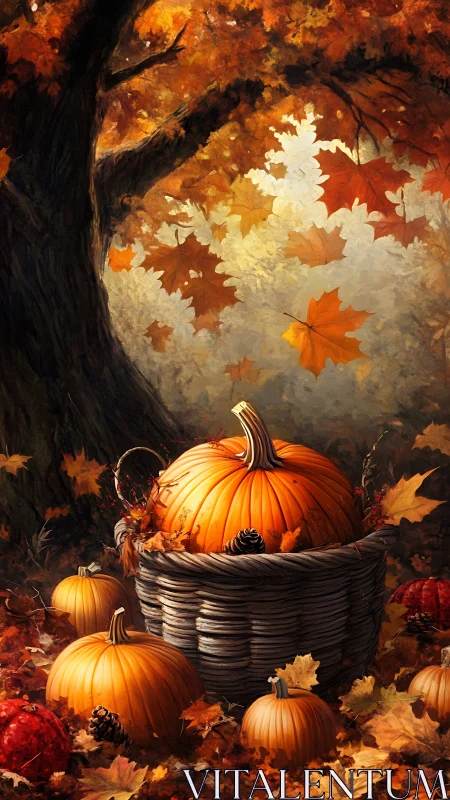 Pumpkins in woven basket sit beneath dense autumn foliage