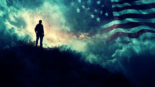 Lone soldier stands beneath stormy skies and glowing flag