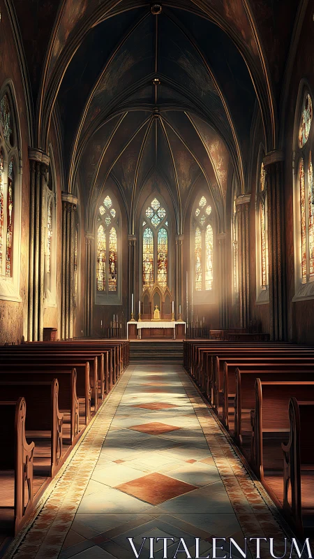 Gothic church interior with nave, pews and central altar.