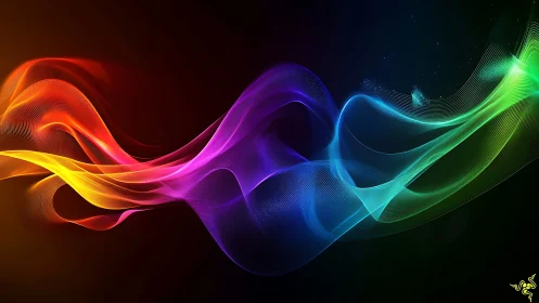 Neon gradient light waves on dark digital abstract background.