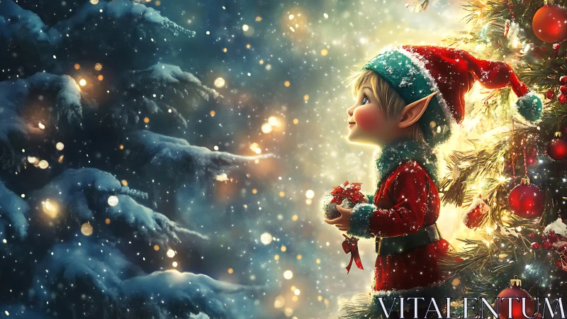 Small elf in red suit standing by lit Christmas tree at night.