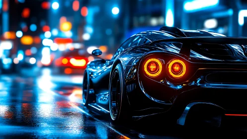 Cyberpunk supercar rear profile in neon urban nightscape.