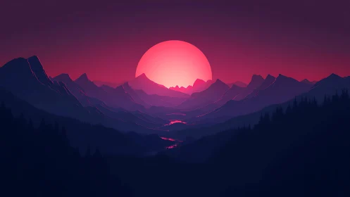 Neon magenta sun over layered alpine valleys at dusk
