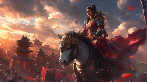 Warrior queen on armored steed over sunlit imperial citadel.