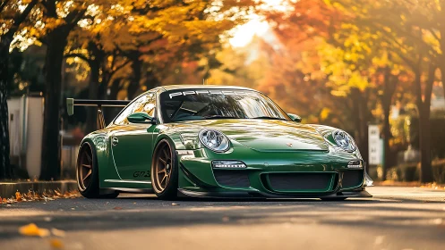 Green Porsche GT3 rests under glowing autumn foliage.