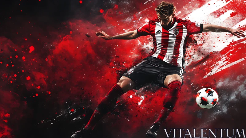 Dynamic soccer player kicking ball in red explosive motion.