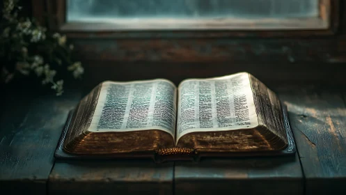 Open religious text on wooden table under window light.