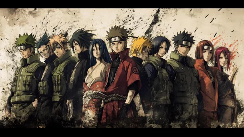 Storm-worn ninja line marching through swirling ink dusk.