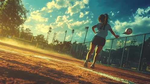 Backlit softball player swings on dusty field at sunset
