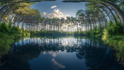 Panoramic conifer forest reflected in still pond water.