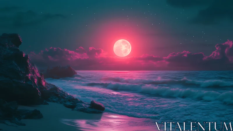 Dreamy neon moonrise glowing over a gentle midnight sea.