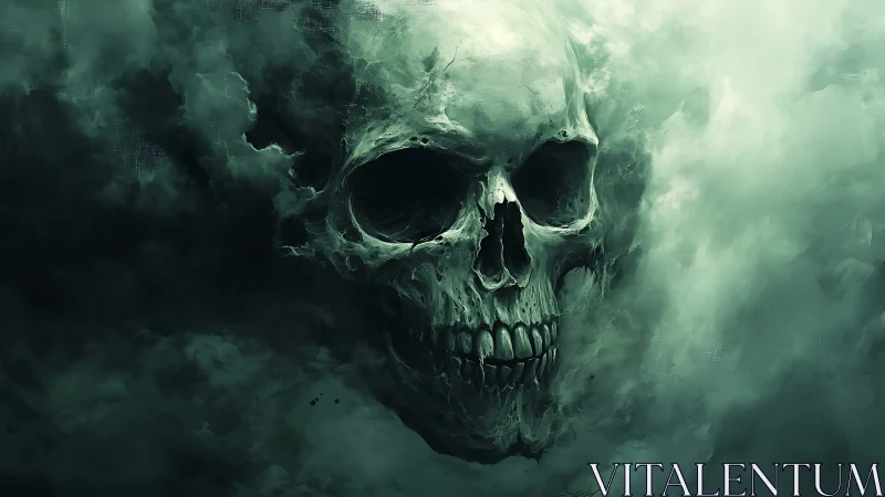 Green skull formed in swirling storm clouds artwork.