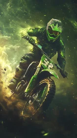 Rider in vivid green gear tears through swirling dirt clouds