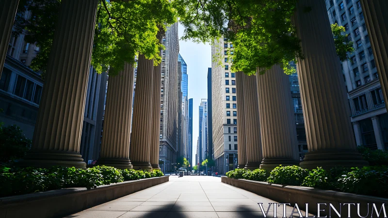 City street framed by tall columns and bright green trees.