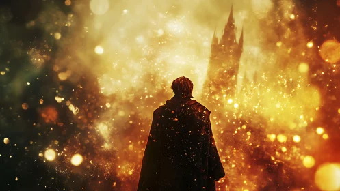 Cloaked figure before distant tower in golden haze.