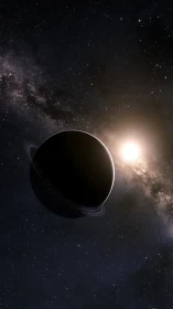 Ringed exoplanet silhouette with star and dense starfield.