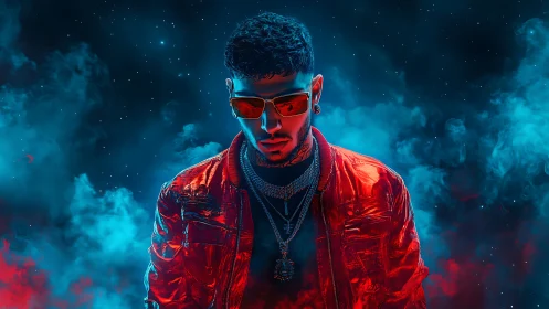 Neon-lit streetwear portrait in red jacket and cosmic haze.