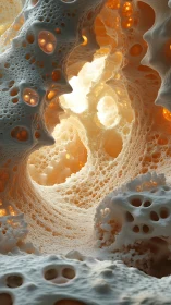 Organic lattice cavern with glowing cellular light forms.