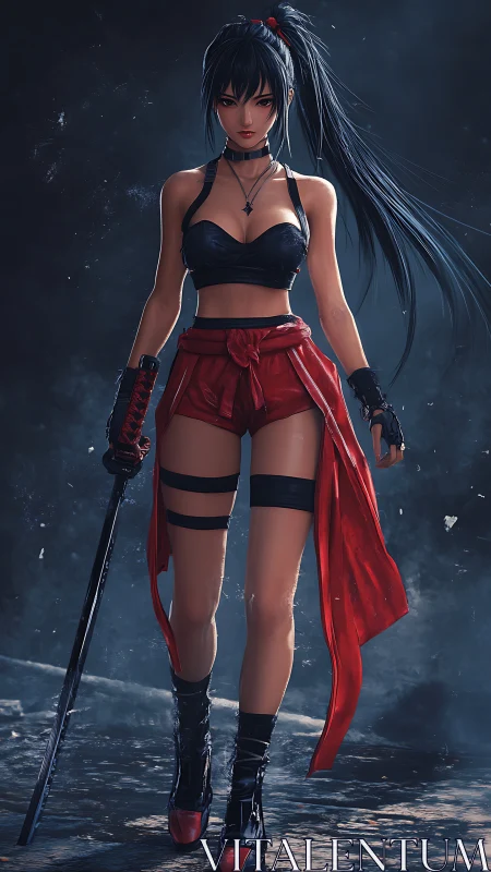 Katana-wielding warrior girl in red sash and black crop top