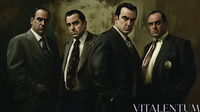 Four stern men in suits against moody textured backdrop.