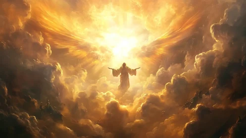 Radiant angel ascends through blazing golden storm clouds