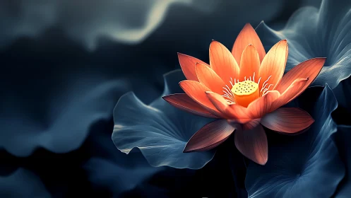 Glowing lotus flower blooms softly against deep blue shadows