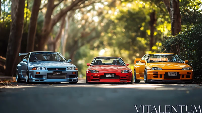 Tri-color Nissan Skyline lineup under diffused forest light.