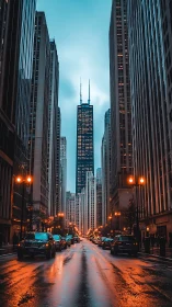 Wet city street framing illuminated downtown skyscraper.