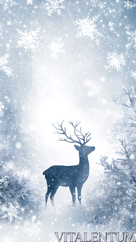 Silhouetted stag in ethereal snow-laden winter forest scene.