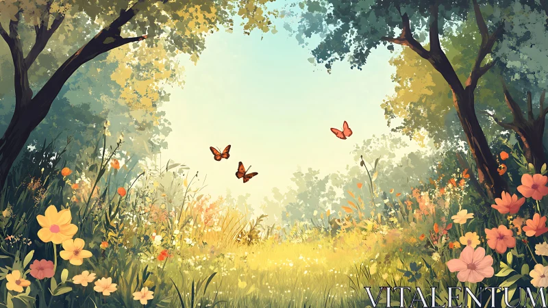 Sunlit forest glade holds wildflowers and drifting butterflies