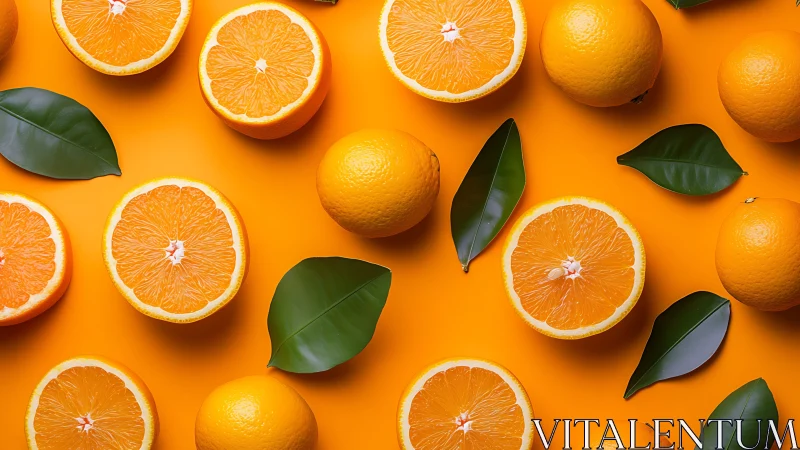 Halved and whole oranges are arranged with leaves on orange background.