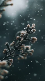 Frost-covered plant buds caught mid-snowfall against dark background