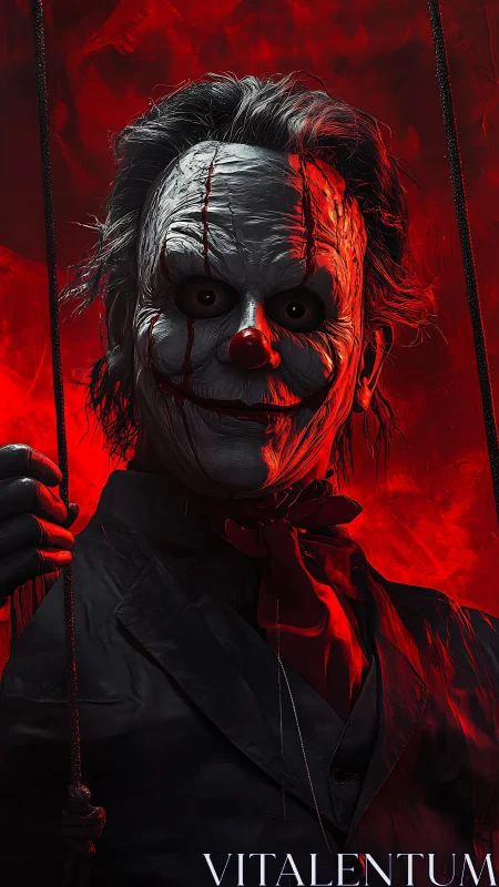 Sinister puppet clown stares from fiery red darkness.