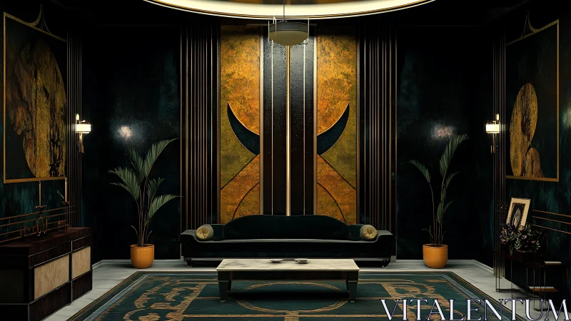 Golden noir lounge with lush plants and velvet calm.