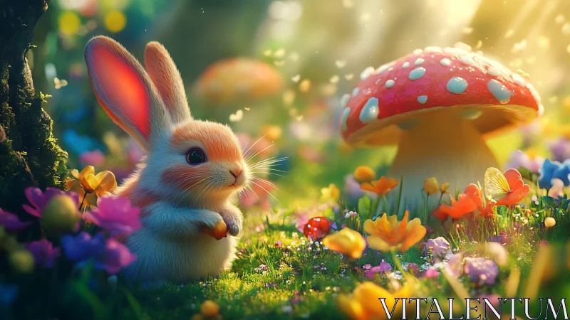 Small rabbit sits near mushroom in saturated forest light