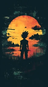 Silhouetted warrior before grunge sunset over still water.