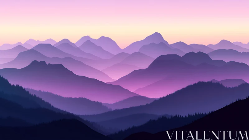 Layered mountain silhouettes under gradient dusk sky.