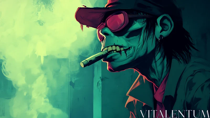 Grim neon skeleton smoker in red cap and goggles profile.